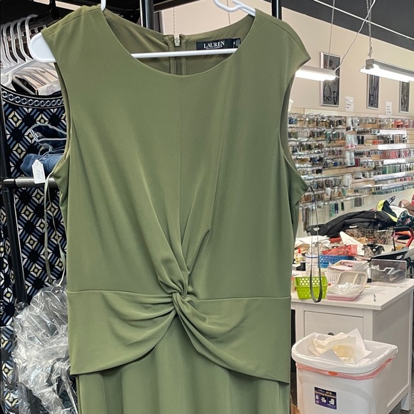 Ralph Lauren Olive Green Twist Front Midi Dress - Picture 3 of 8